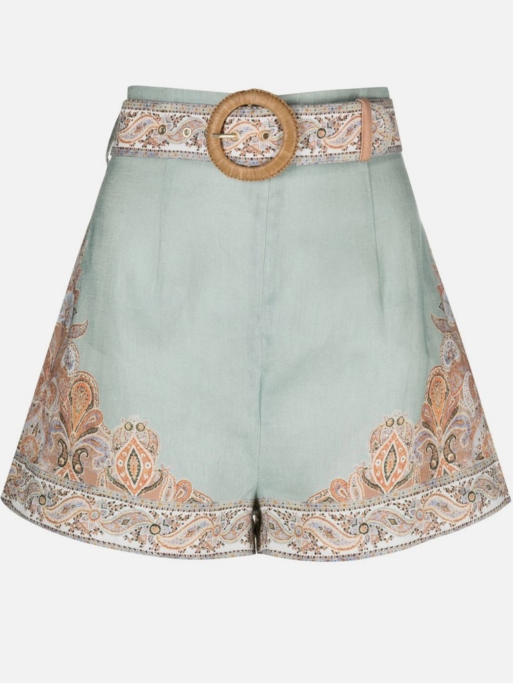 Zimmermann Devi Mint Paisley High-Waist Shorts with Woven Belt - Picture 1 of 8